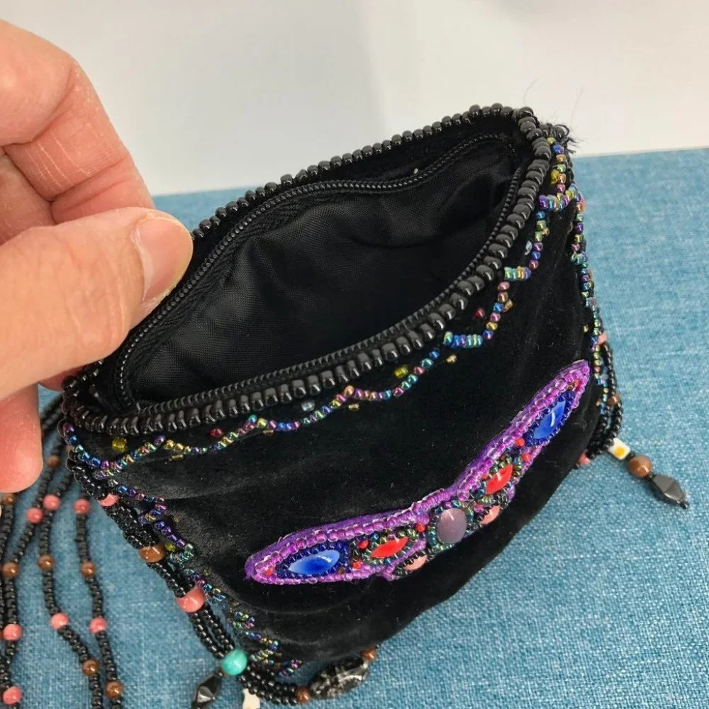 Velvet Black Beaded Colorful Butterfly Mini Cross-shoulder Pouch Y2K Retro - Picture 9 of 15